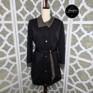 Ellen Tracy Black and Green Detachable Liner Zip Snap Trench Raincoat Size Large
